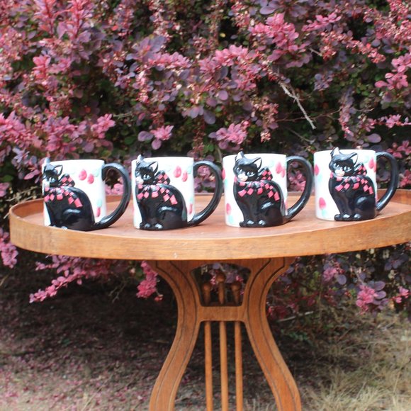 (4)Vtg Wang's International 3D Black Cat Cherries Super rare Handled mugs - Picture 2 of 13